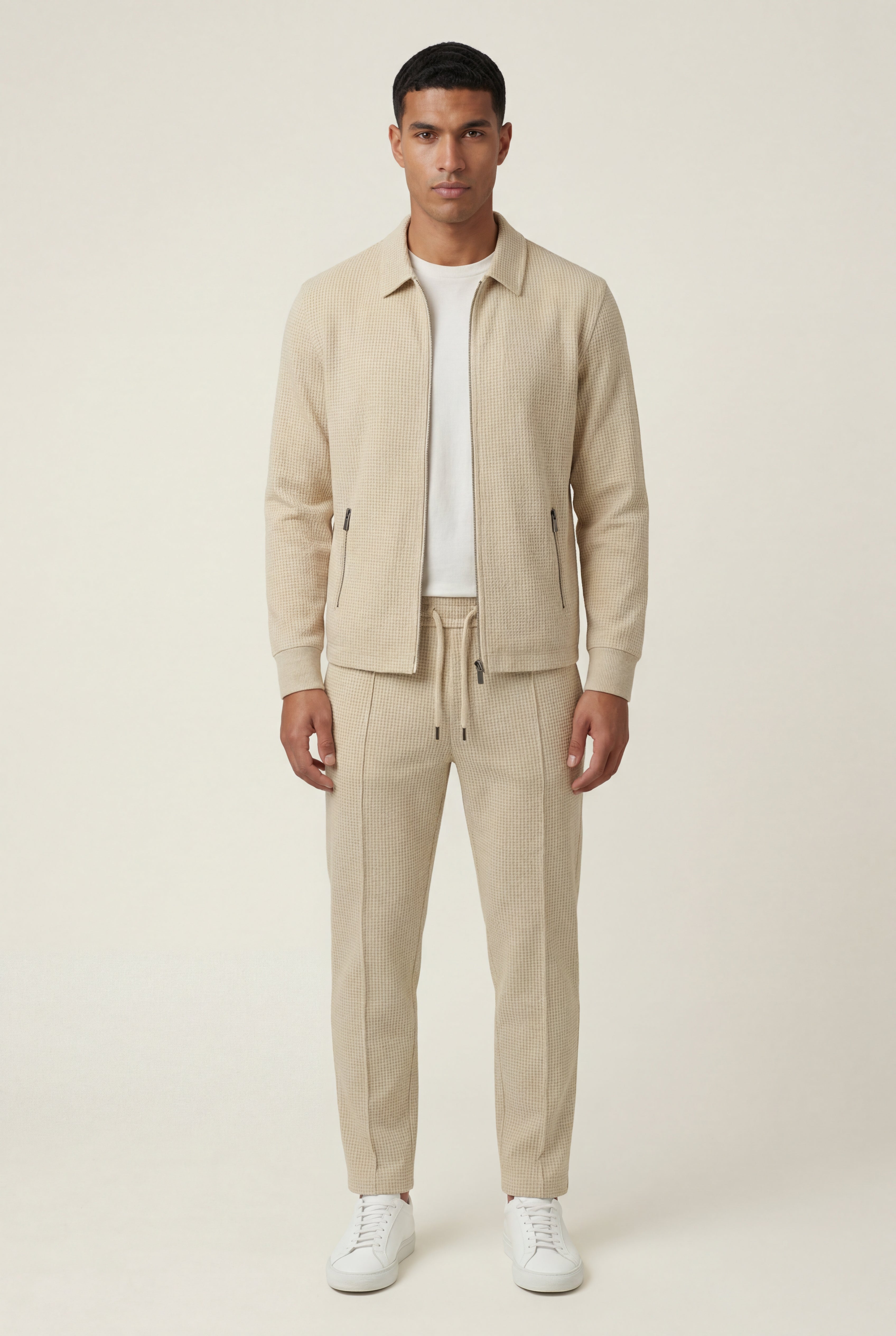 Beige Textured Zip-up Jacket and Jogger Set with Ribbed Detail - Two piece set - Photo 2
