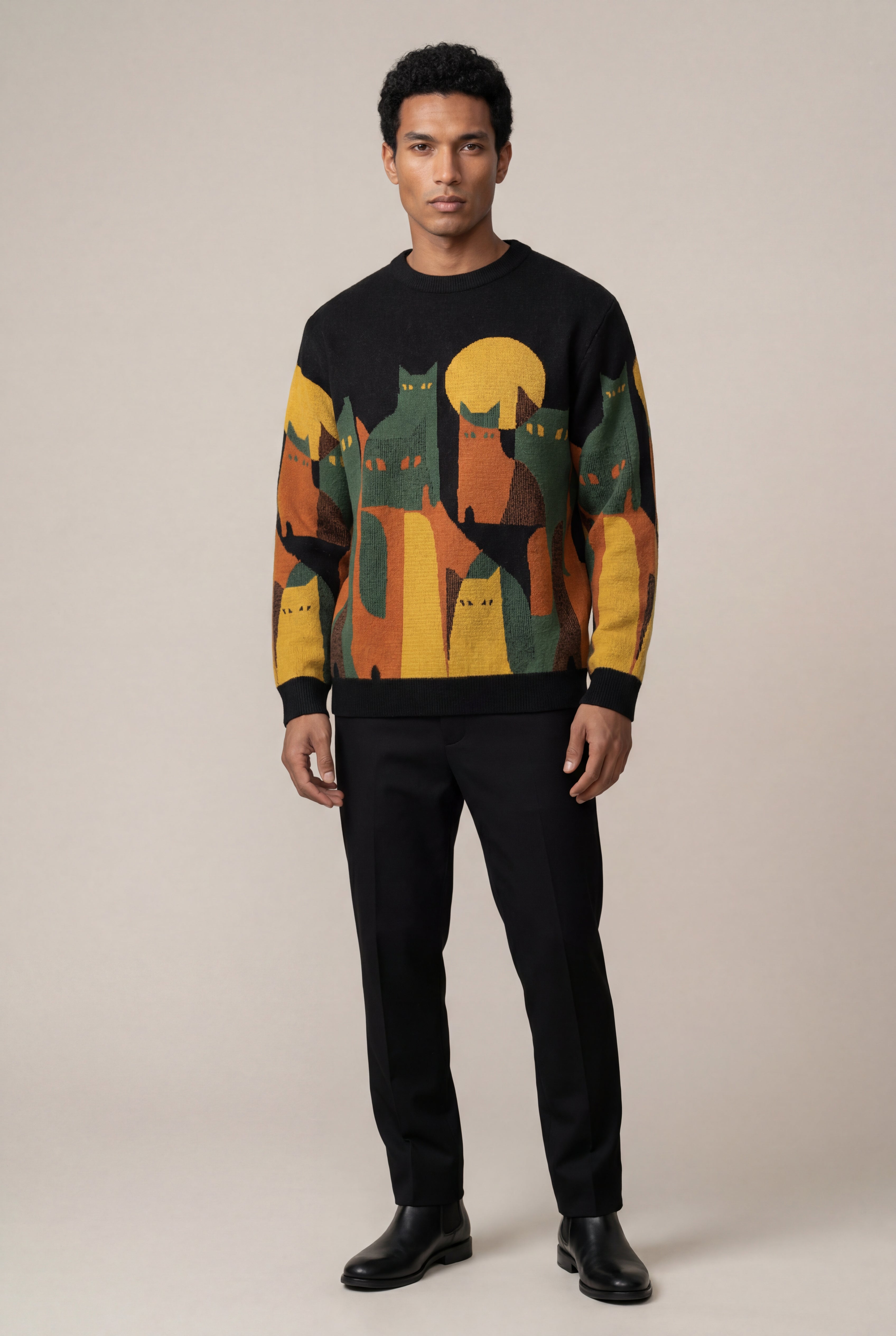 Black Abstract Cat Graphic Crew Neck Long Sleeve Sweater - Photo 5