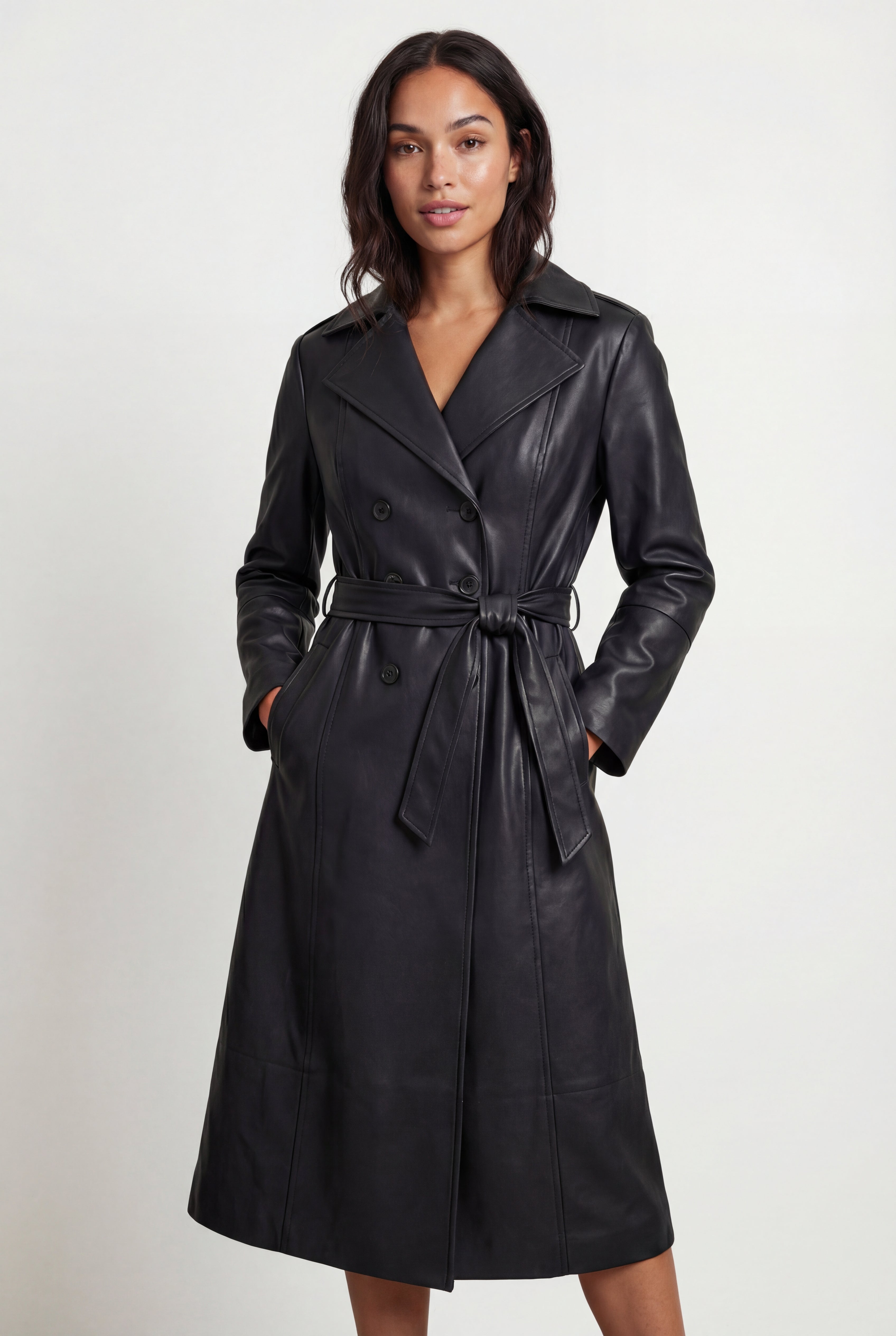 Black Black Double-breasted Belted Faux Trench Coat - Trench coats - Photo 1