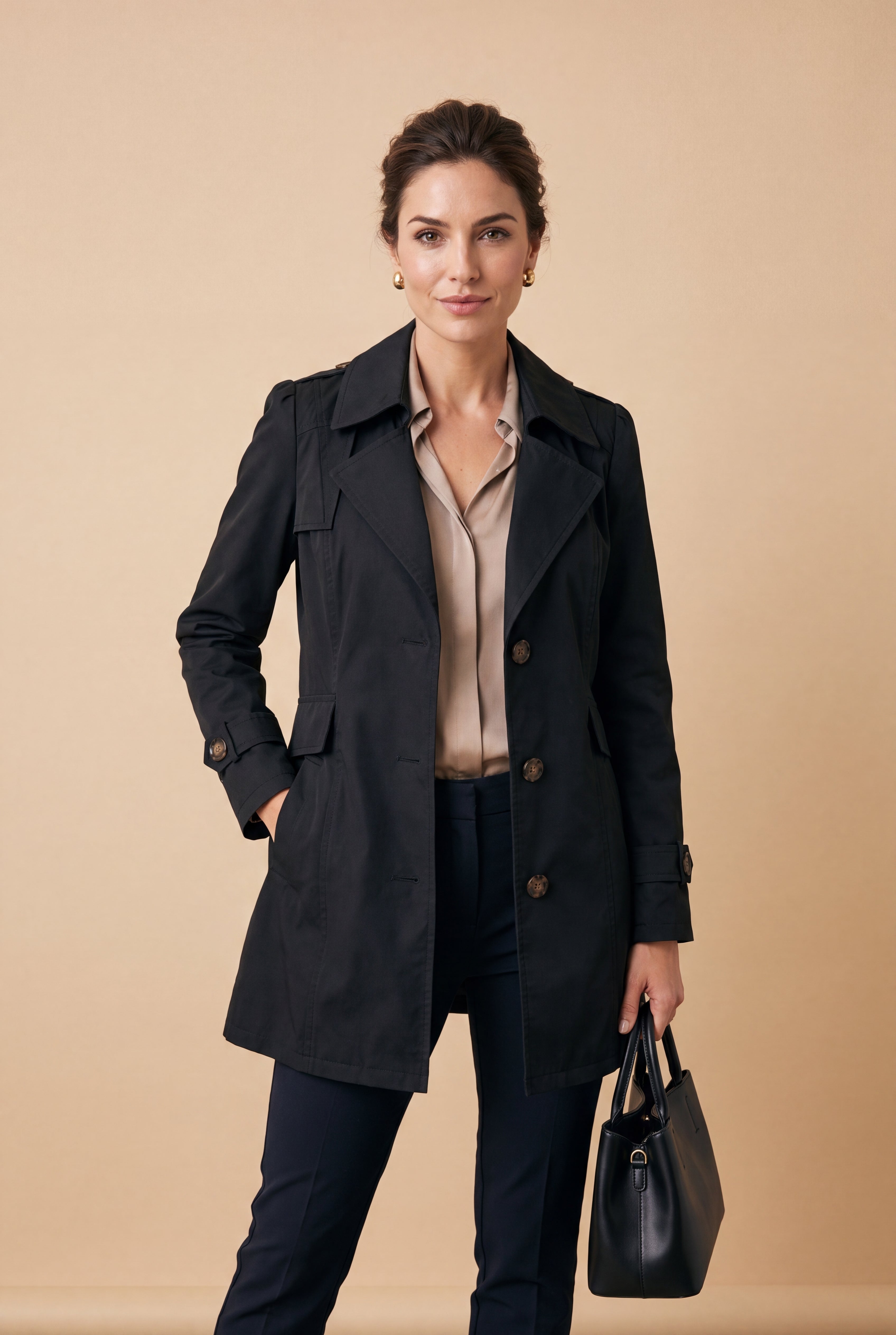 Women Trench Coat Short Belted in Black — primary full body