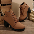 Women's Lace-Up Block Heel Ankle Boots with Buckle Strap