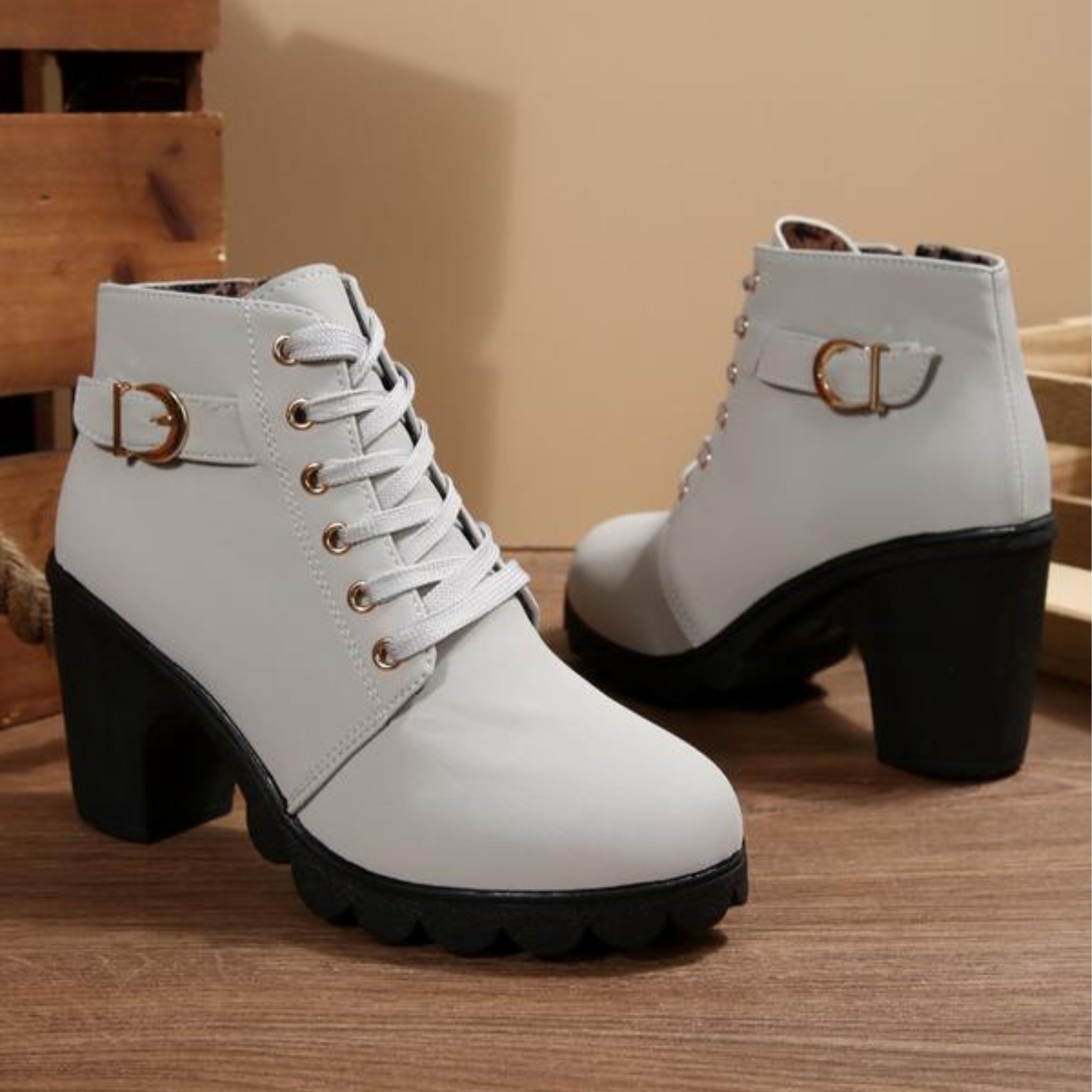 Women's Lace-Up Block Heel Ankle Boots with Buckle Strap