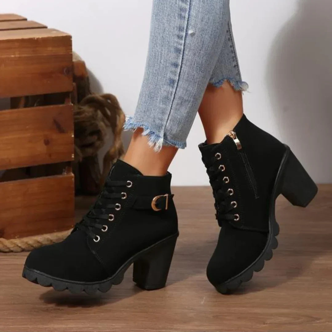 Women's Lace-Up Block Heel Ankle Boots with Buckle Strap