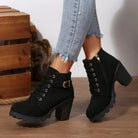 Women's Lace-Up Block Heel Ankle Boots with Buckle Strap