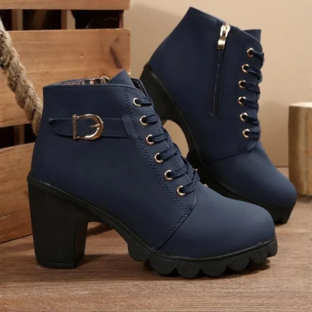 Women's Lace-Up Block Heel Ankle Boots with Buckle Strap