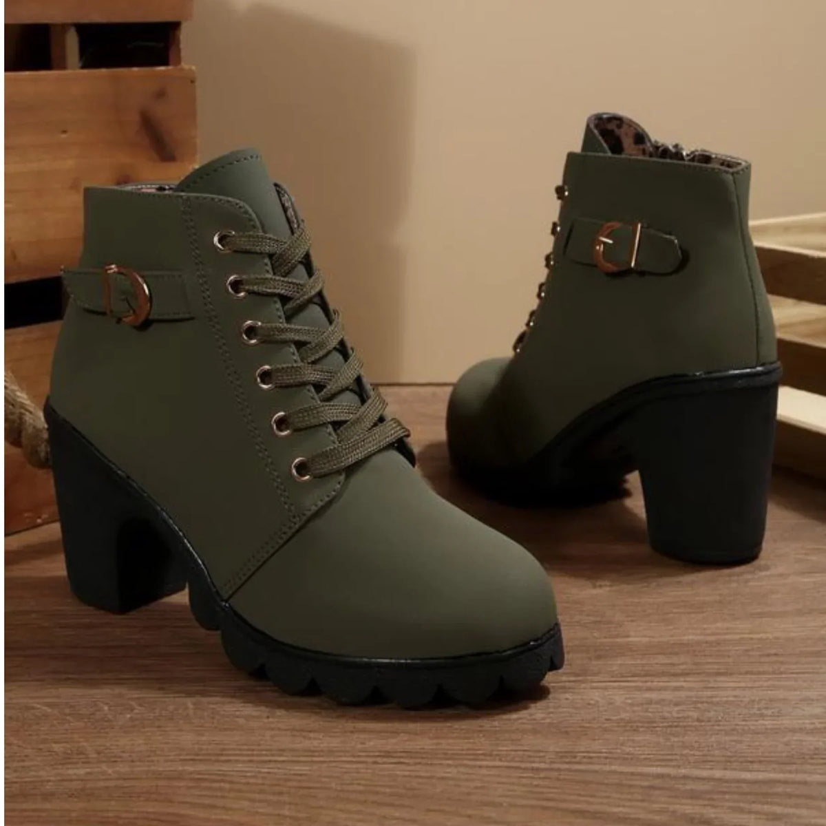 Women's Lace-Up Block Heel Ankle Boots with Buckle Strap