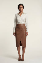 Brown Asymmetric Wrap Front Midi Pencil Skirt with Slit - Midi skirts - Photo 1