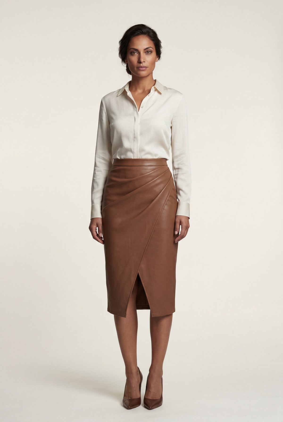 Brown Asymmetric Wrap Front Midi Pencil Skirt with Slit - Midi skirts - Photo 1