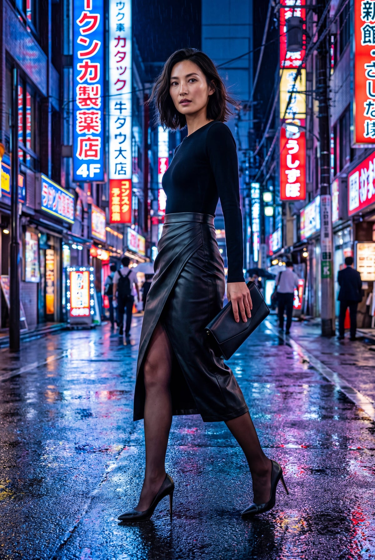 Black Asymmetric Wrap Front Midi Pencil Skirt with Slit - Midi skirts - Photo 6
