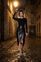 Black Asymmetric Wrap Front Midi Pencil Skirt with Slit - Midi skirts - Photo 9