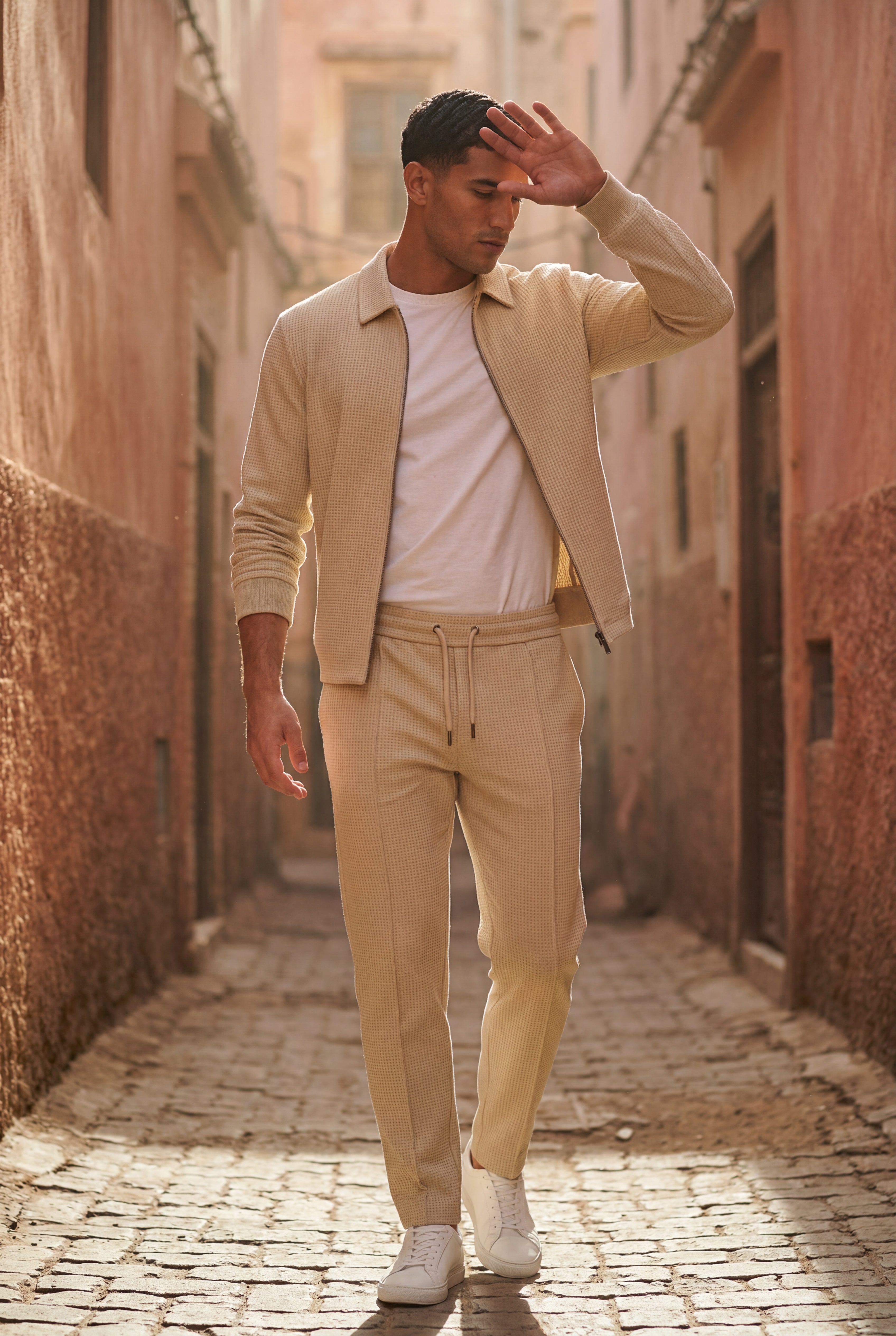 Beige Textured Zip-up Jacket and Jogger Set with Ribbed Detail - Two piece set - Photo 10