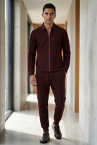 Burgundy Textured Zip-up Jacket and Jogger Set with Ribbed Detail - Two piece set - Photo 6
