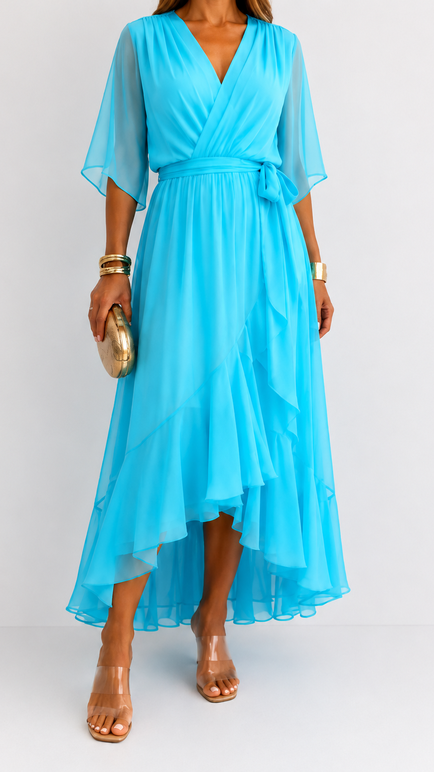 Women's Chiffon Wrap Dress with Flowing Sleeves