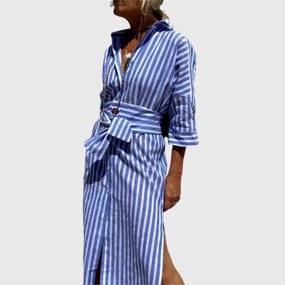 Women's Striped Midi Dress with Side Pocket
