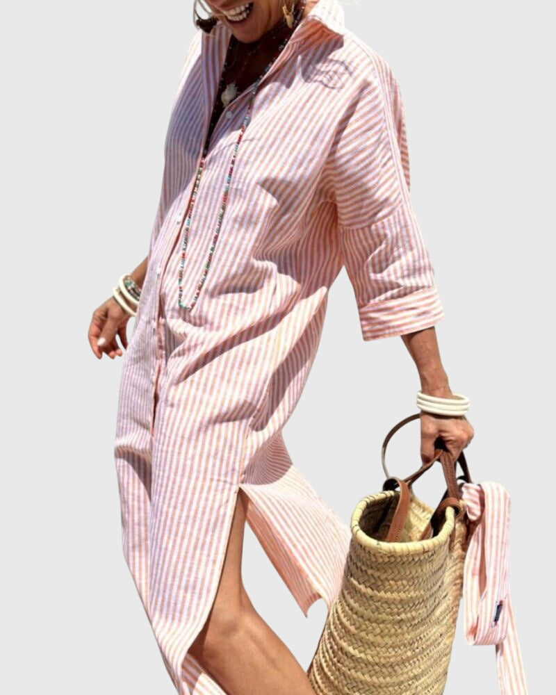Women's Striped Midi Dress with Side Pocket