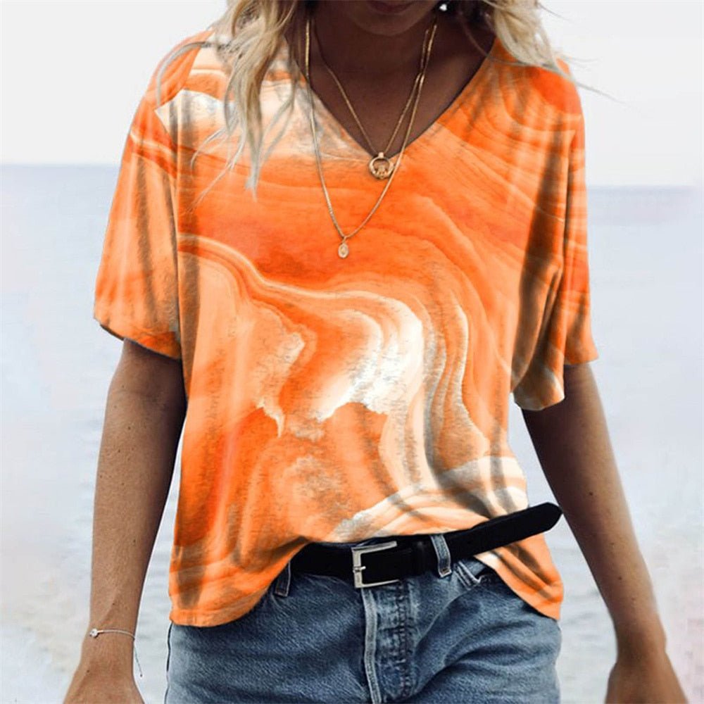 Yolanda | Dames T-shirt met V-hals en Boho Design – Relaxed Fit en Korte Mouwen