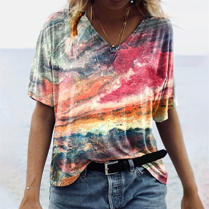 Yolanda | Dames T-shirt met V-hals en Boho Design – Relaxed Fit en Korte Mouwen