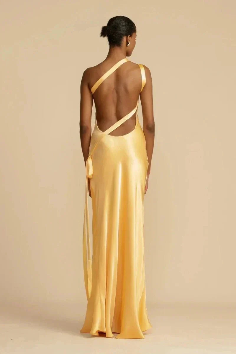 Annalucia | Een-schouder satijnen avondjurk