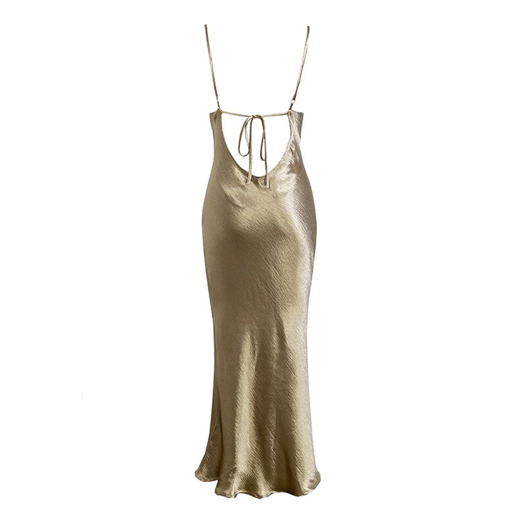 Indira | Dames Maxi Slip Dress met Open Rug en Drapé Hals – Sexy Silky Partylook