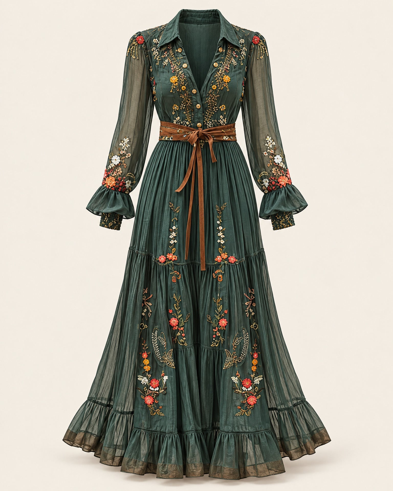 Embroidered V-Neck Long Sleeve Maxi Dress for Women – clean studio photo