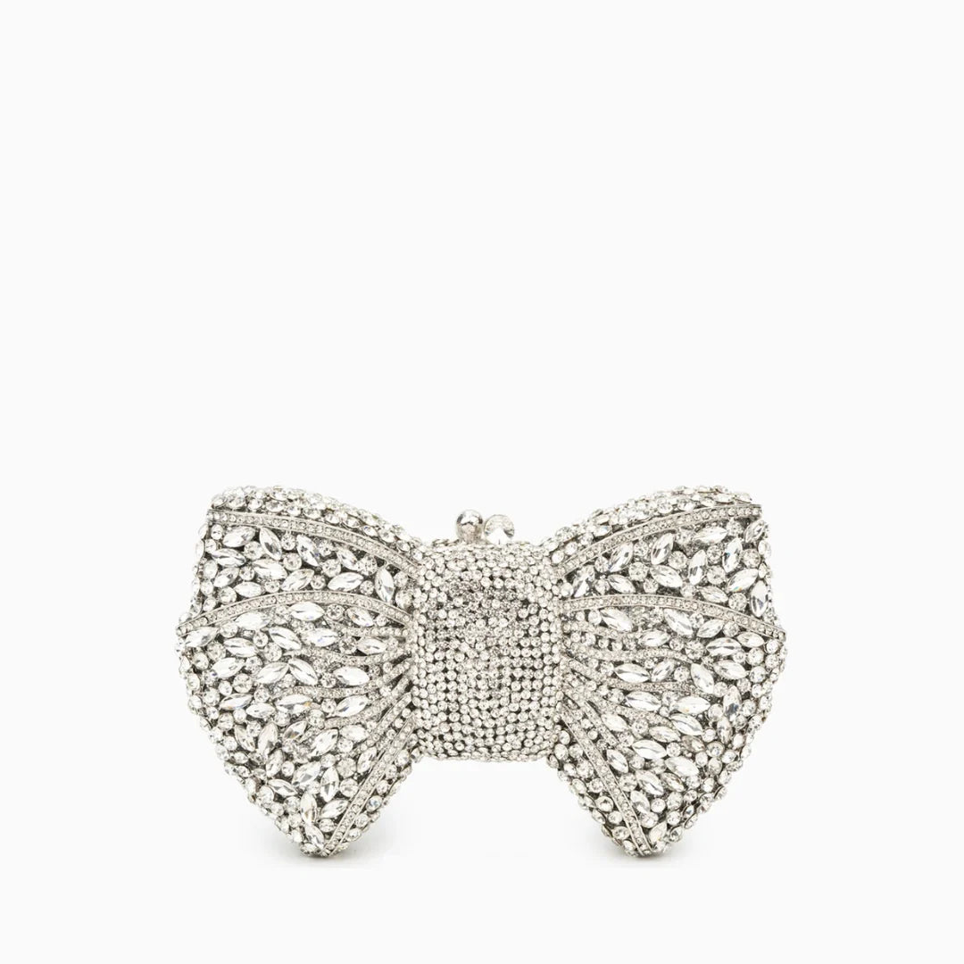 Elegant clutch bag in a soft beige fabric with sleek silhouette, featuring gold tone clasp and detachable chain — view 11