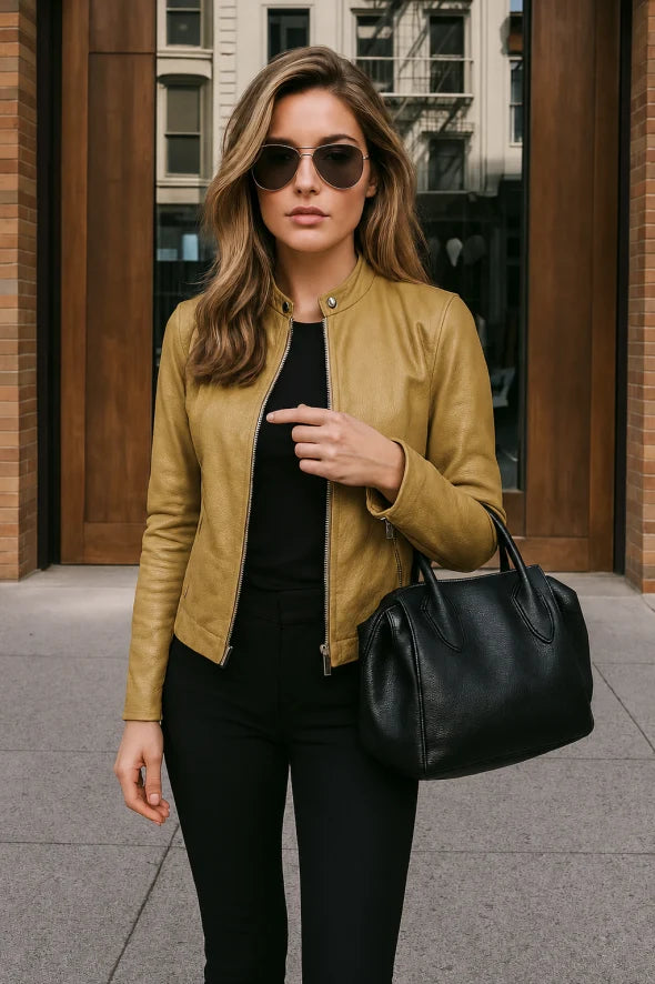 Women's Leather Jacket Slim Fit Zip-Up Mandarin Collar