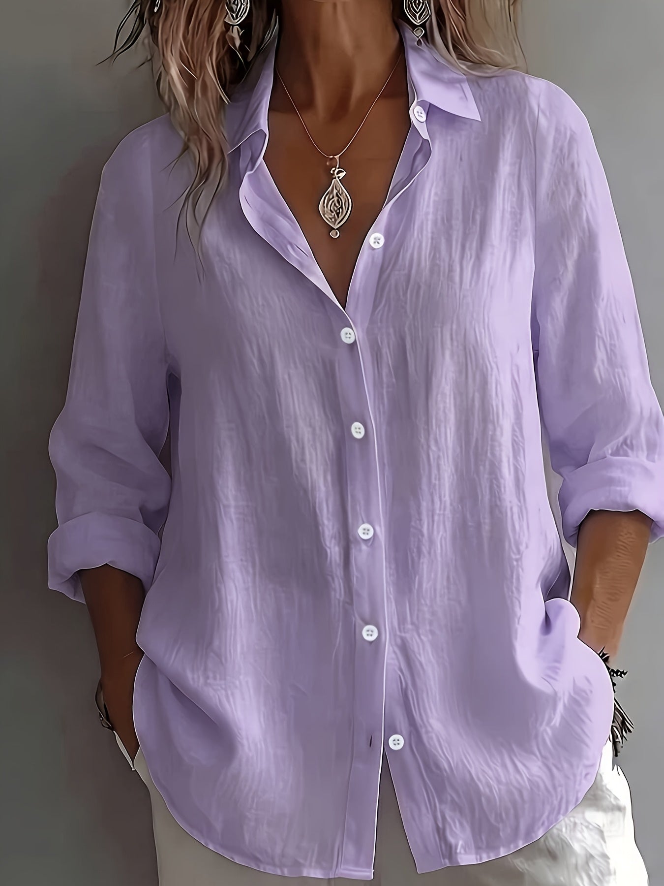 Women's Linen Shirt with Collar and Long Sleeves