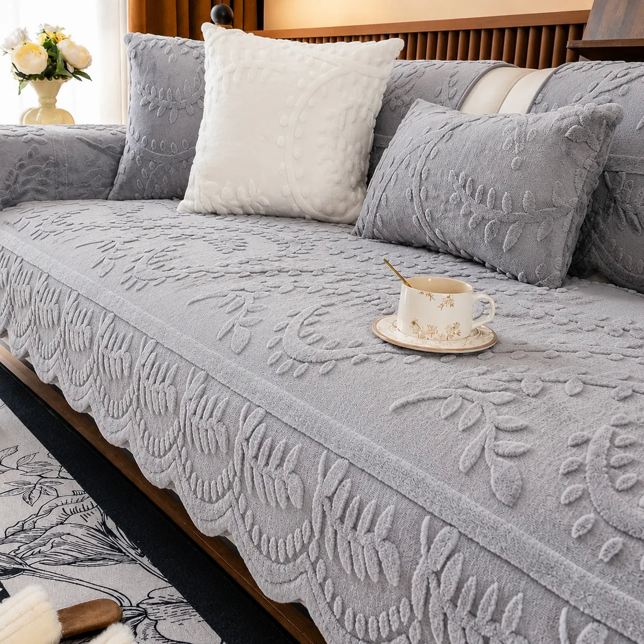 Plush Botanical Texture Couch Cover with Non-Slip Backing