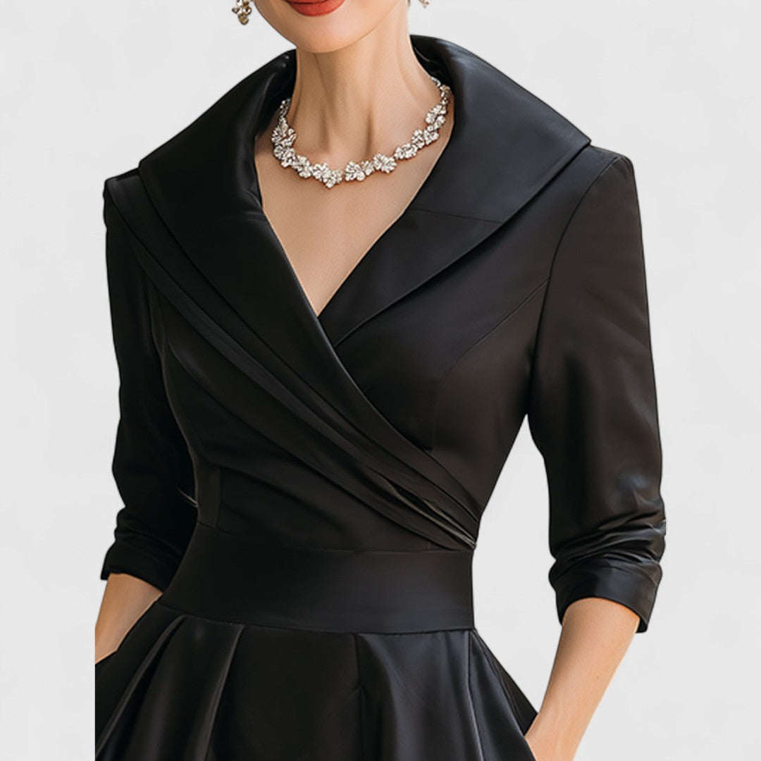 Women's V-Neck Midi Dress with Wrap Waist and Side Pockets