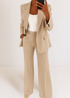 Dames Blazer Broekpak Set met Wide Leg Broek en Reverskraag Beige