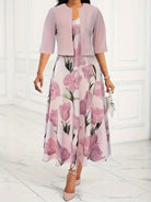 Dames Maxi Jurk met Bloemenprint en Bijpassende Open Jacket Driekwart Mouw Roze