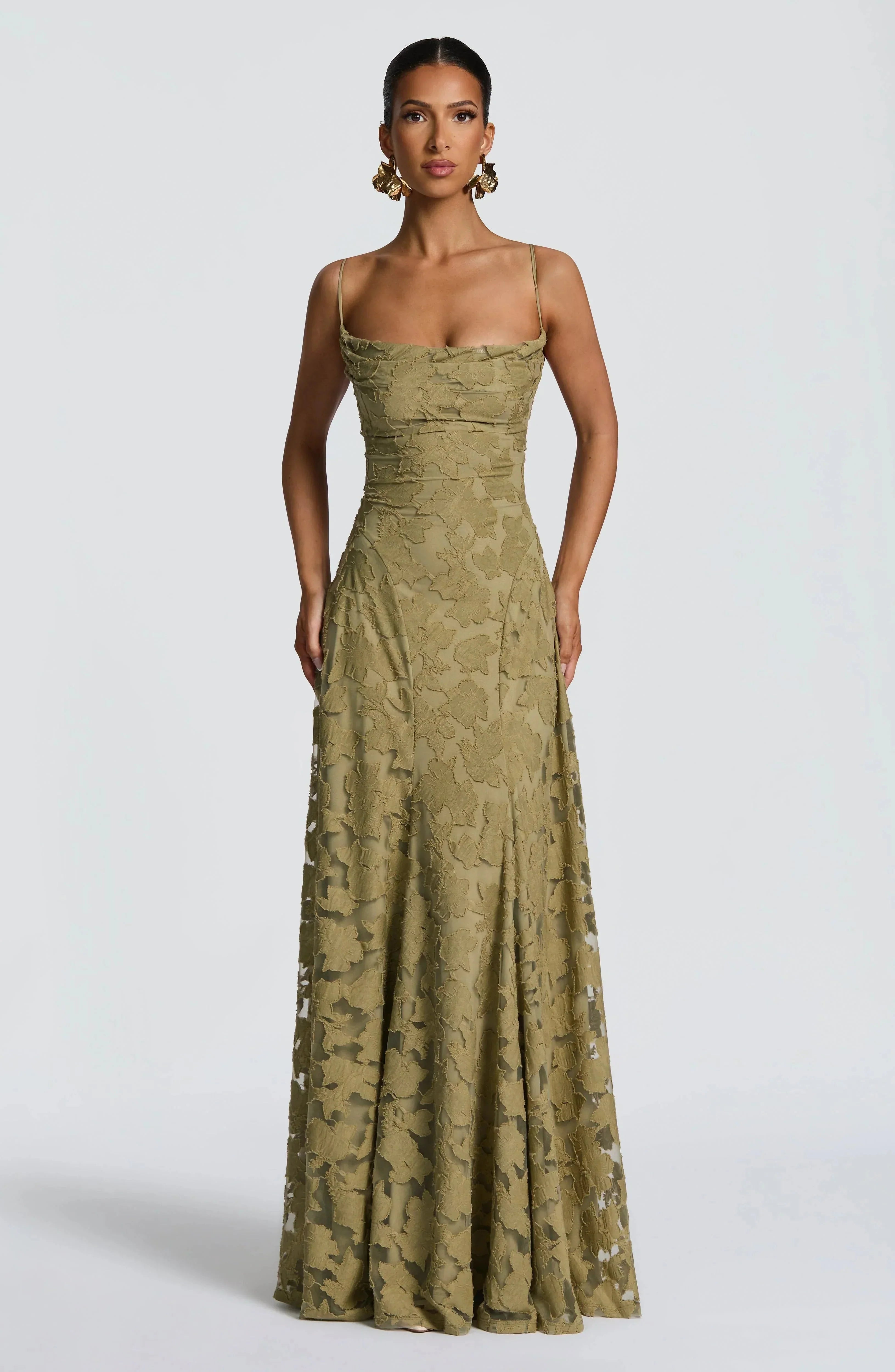 Dames Maxi Jurk Mouwloos met Cowl-hals en Bloemenpatroon Saliegroen