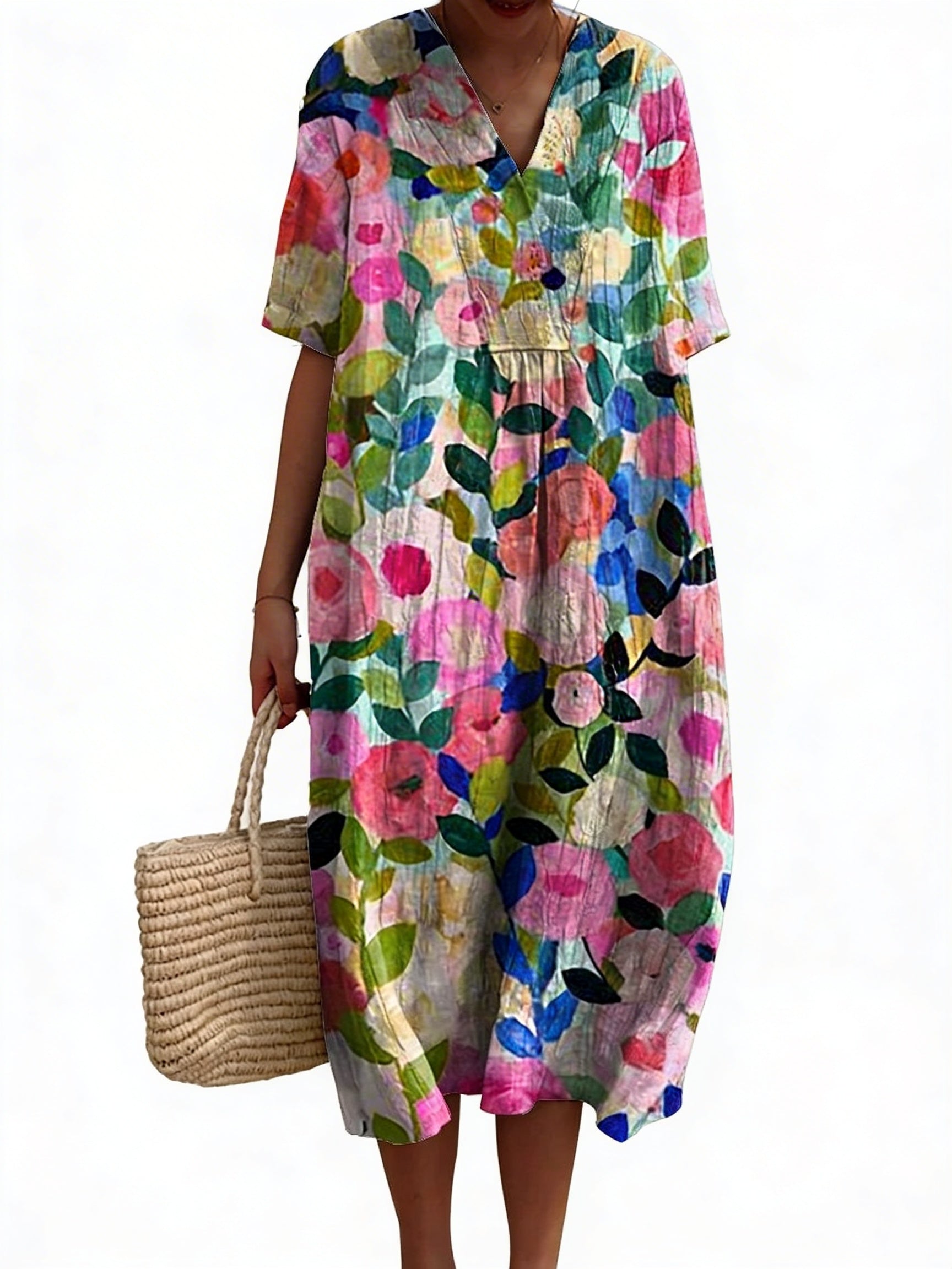 Dames Midi Jurk met V-hals en Korte Mouwen met Bloemenprint