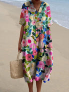 Dames Midi Jurk met V-hals en Korte Mouwen met Bloemenprint Multicolor Bloemenprint