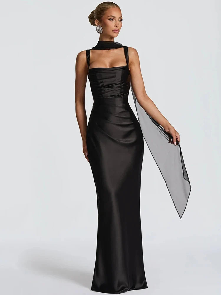 Women's Maxi Wedding Dress Sleeveless with Straight Neckline and Tie-Back