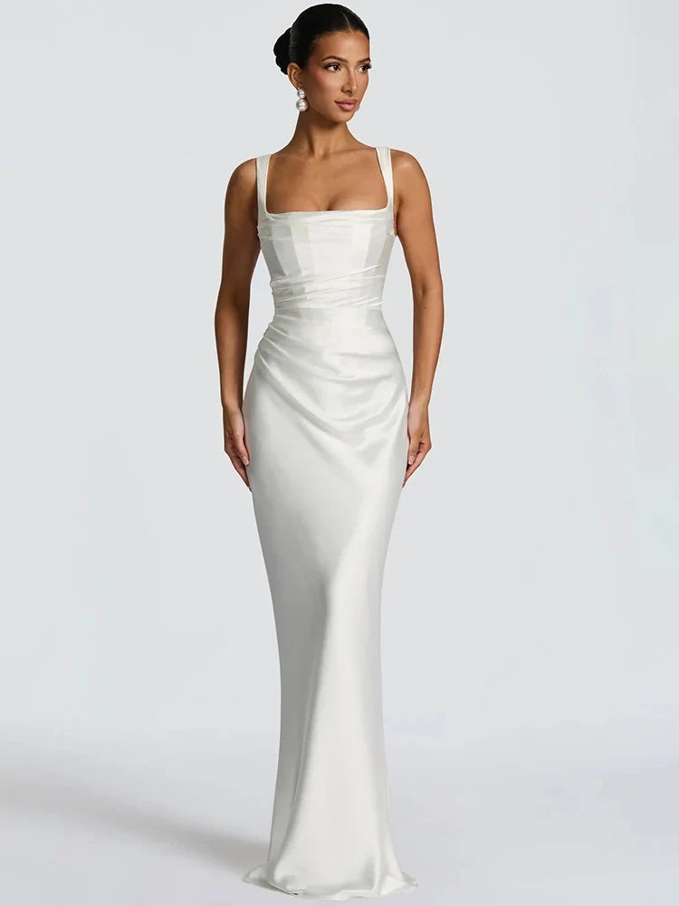Women's Maxi Wedding Dress Sleeveless with Straight Neckline and Tie-Back