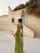 Women's Maxi Wedding Dress Sleeveless with Straight Neckline and Tie-Back