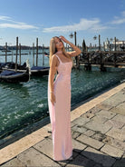 Women's Maxi Wedding Dress Sleeveless with Straight Neckline and Tie-Back