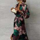 Women's Floral Maxi Dress with Collar and Tie-Front Waist