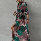Women's Floral Maxi Dress with Collar and Tie-Front Waist