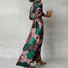 Women's Floral Maxi Dress with Collar and Tie-Front Waist