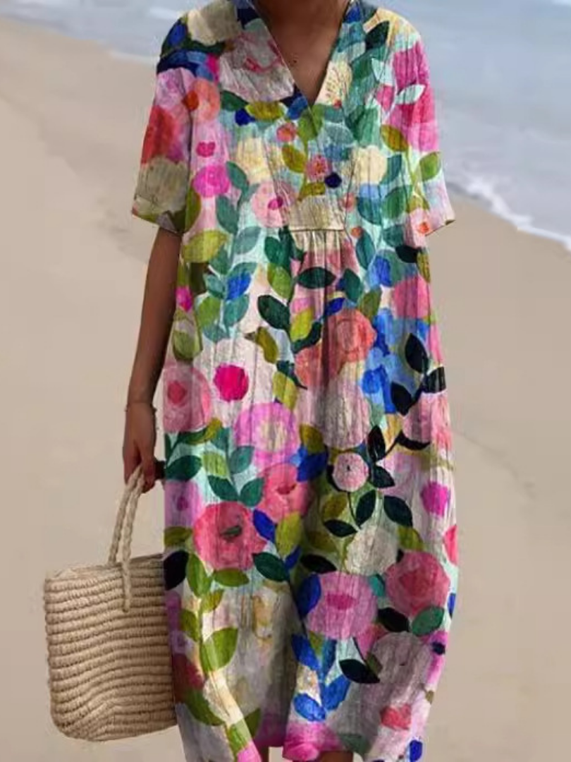 Women's Floral Midi Dress Short Sleeve Relaxed Fit