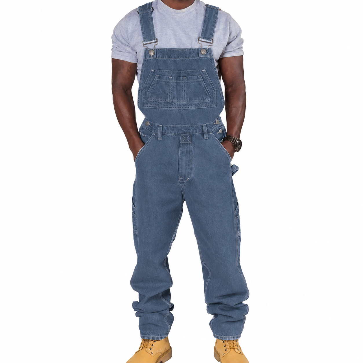 Men's Dungarees Loose Fit Denim-Style Bib Overalls with Multiple Pockets