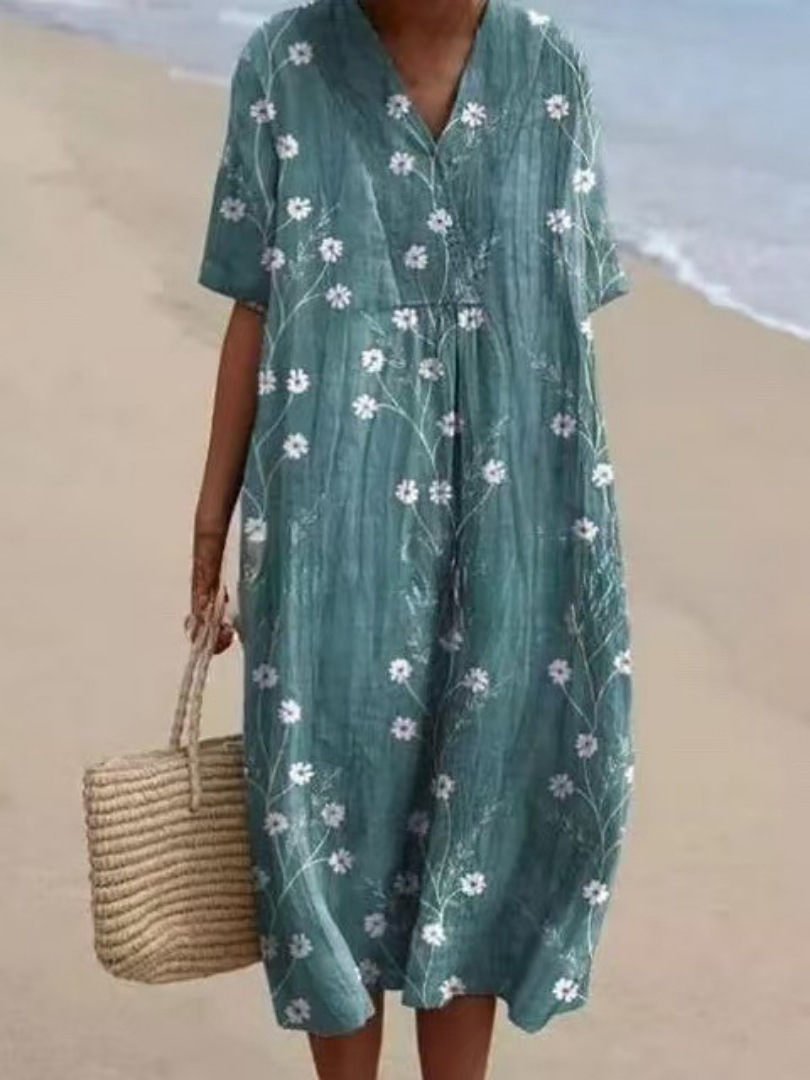 Women's Floral Midi Dress Short Sleeve Relaxed Fit