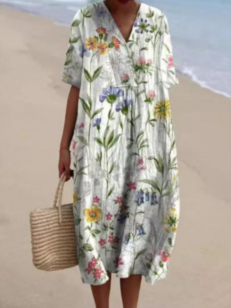 Women's Floral Midi Dress Short Sleeve Relaxed Fit