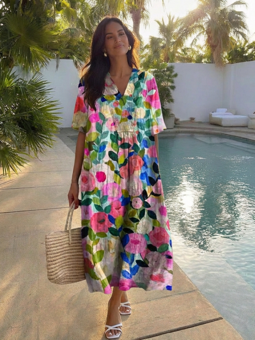 Women's Floral Midi Dress Short Sleeve Relaxed Fit