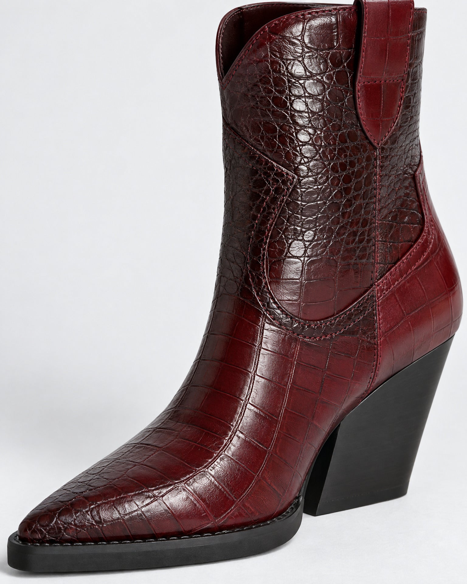 Croc-Embossed Leather Western Wedge Ankle Boots for Women – close-up detail
