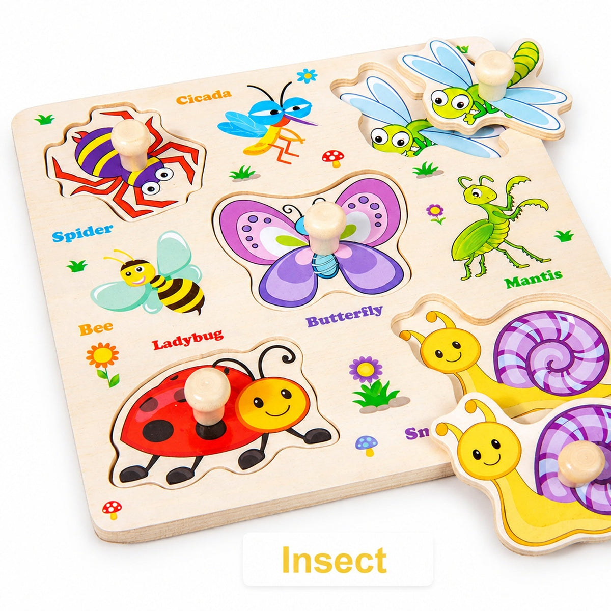 Wooden hand-grip peg puzzle board, Insect theme with butterfly, ladybug, bee, dragonfly and snail pieces