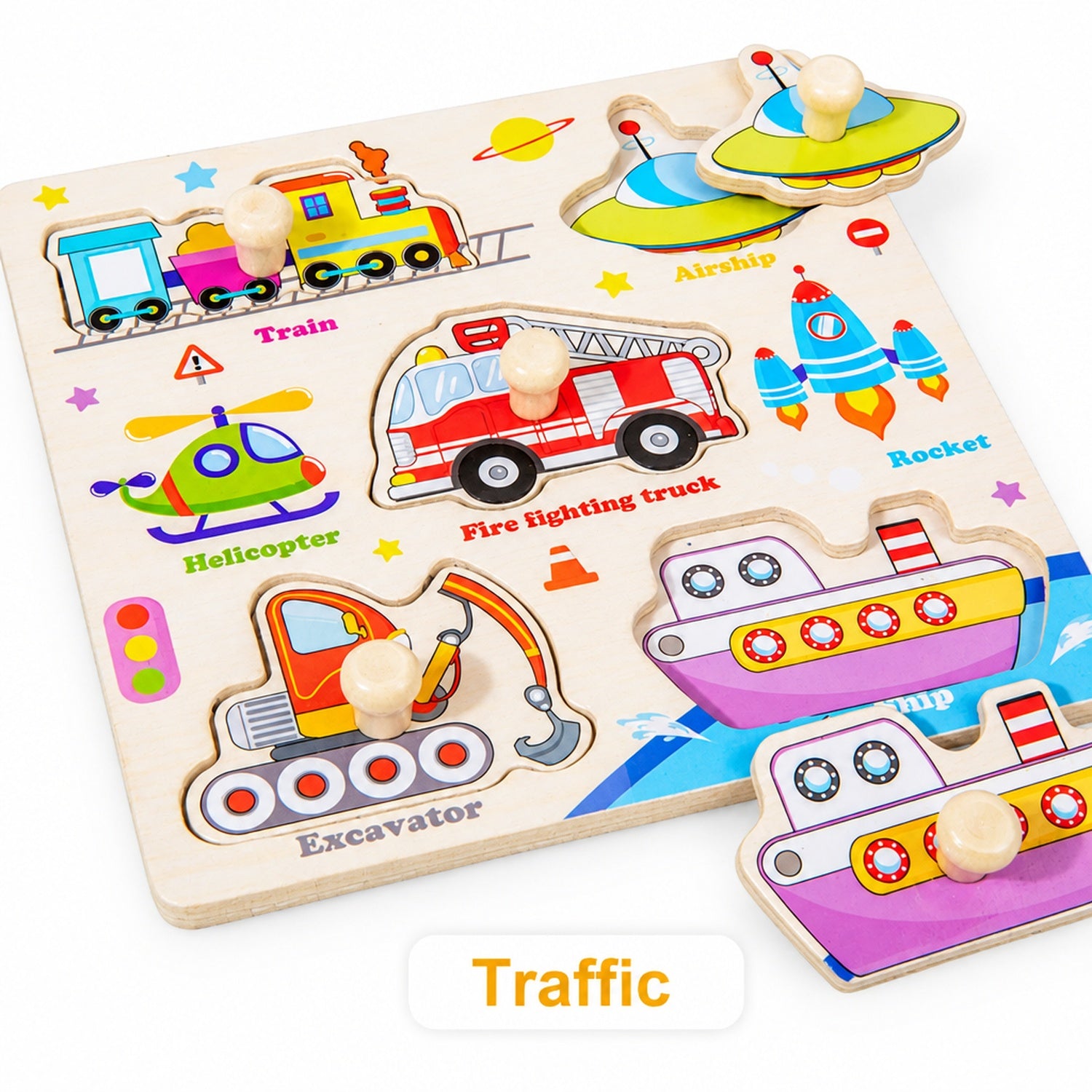 Wooden hand-grip peg puzzle board, Traffic theme with train, fire truck, helicopter, rocket and excavator pieces