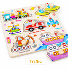 Wooden hand-grip peg puzzle board, Traffic theme with train, fire truck, helicopter, rocket and excavator pieces